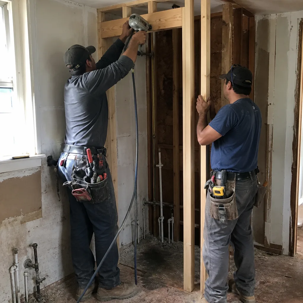 Two construction workers framing a wall during a bathroom remodeling project