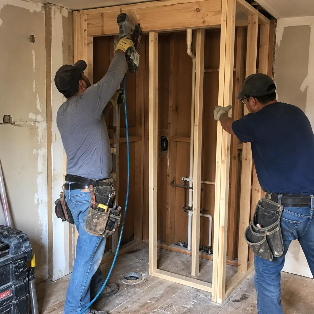 Two construction workers framing new wooden bathroom walls