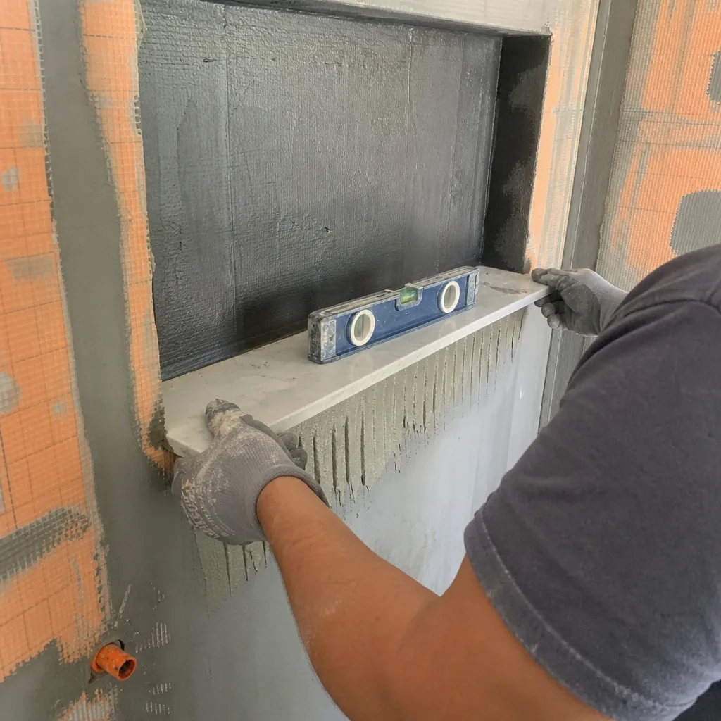 Contractor installing marble shelf in shower niche during bathroom renovation