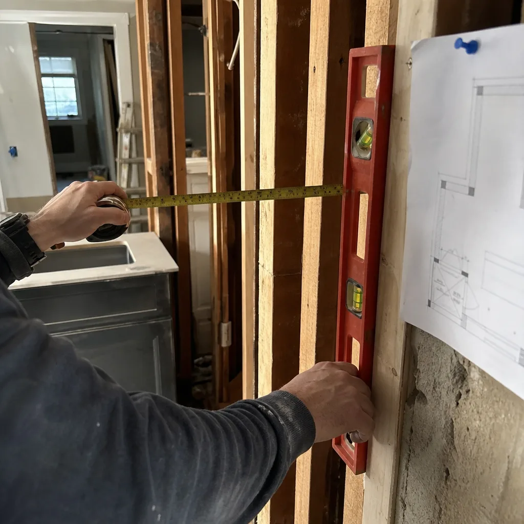General contractor using a level and tape measure for precision framing