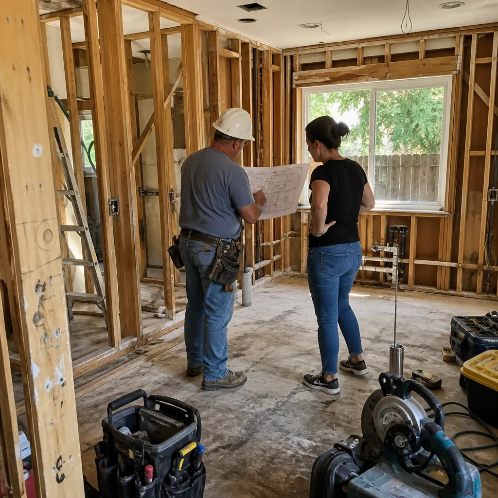 General contractor and client reviewing construction blueprints in a house renovation