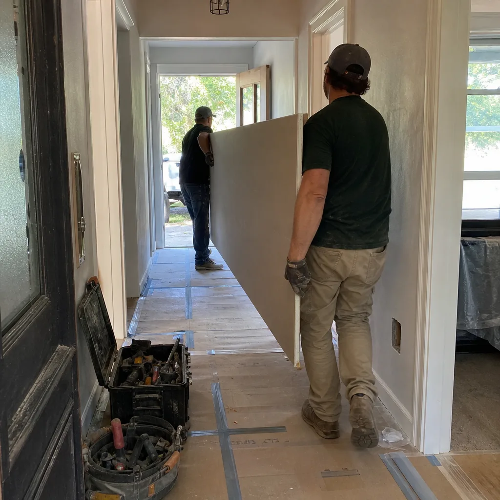 Two construction workers carrying drywall through a residential renovation hallway