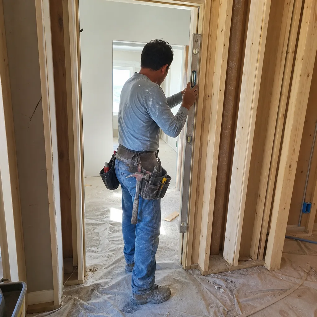construction professional leveling a door frame during home remodeling in Austin, TX