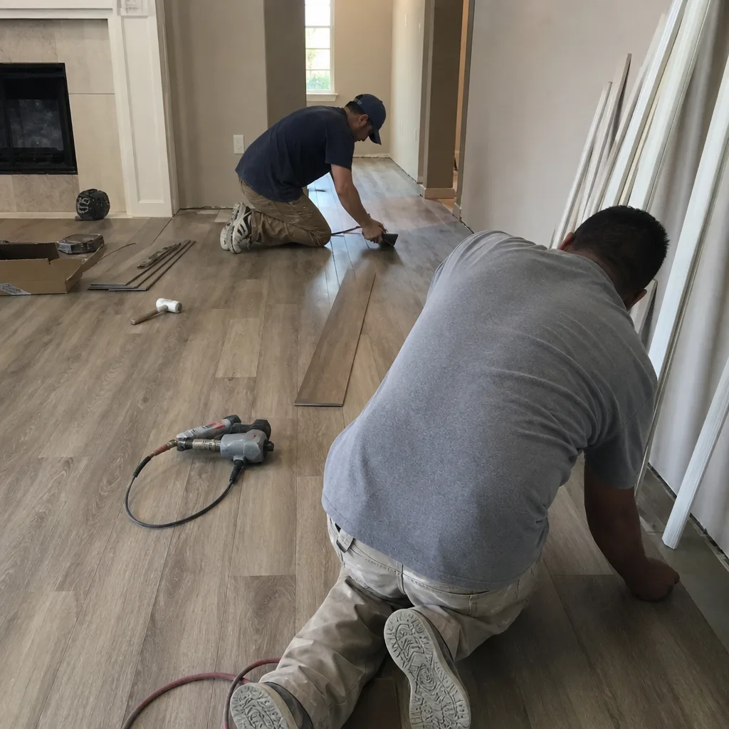 Two professional contractors installing vinyl plank flooring during a home renovation.