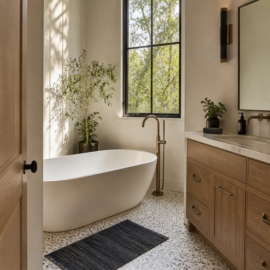 A freestanding soaking tub in a remodeled primary bathroom