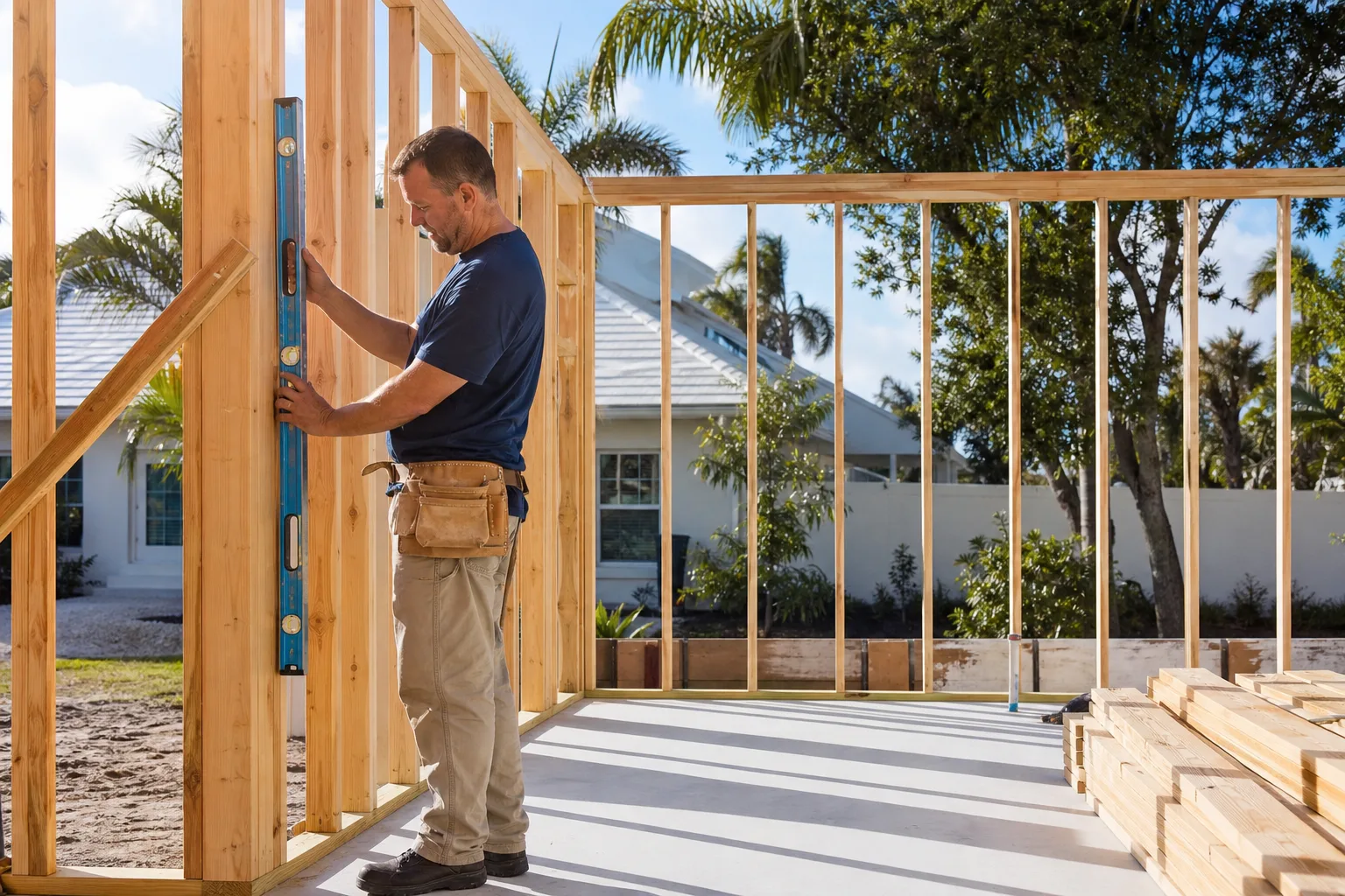 A framer checking new wall framing on a home addition