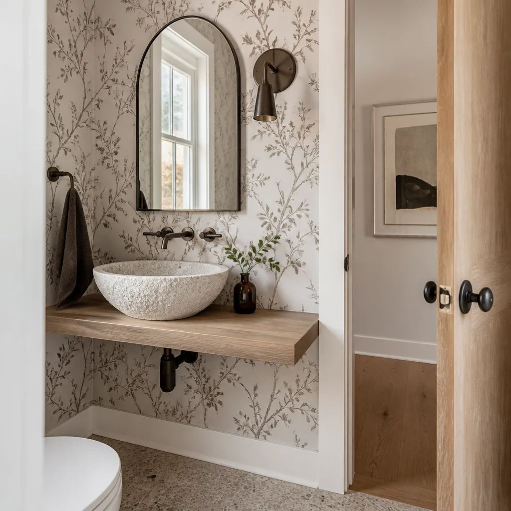 A powder room with botanical wallpaper and a stone sink