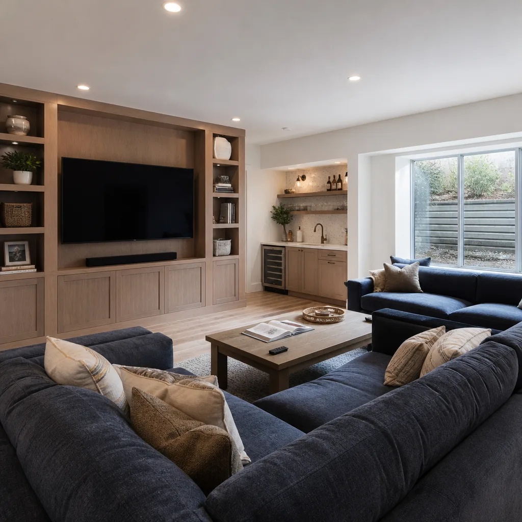 A finished basement family room with a media wall and wet bar