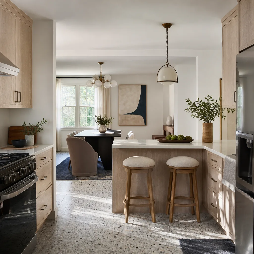 A galley kitchen opened up to the dining room with a new peninsula