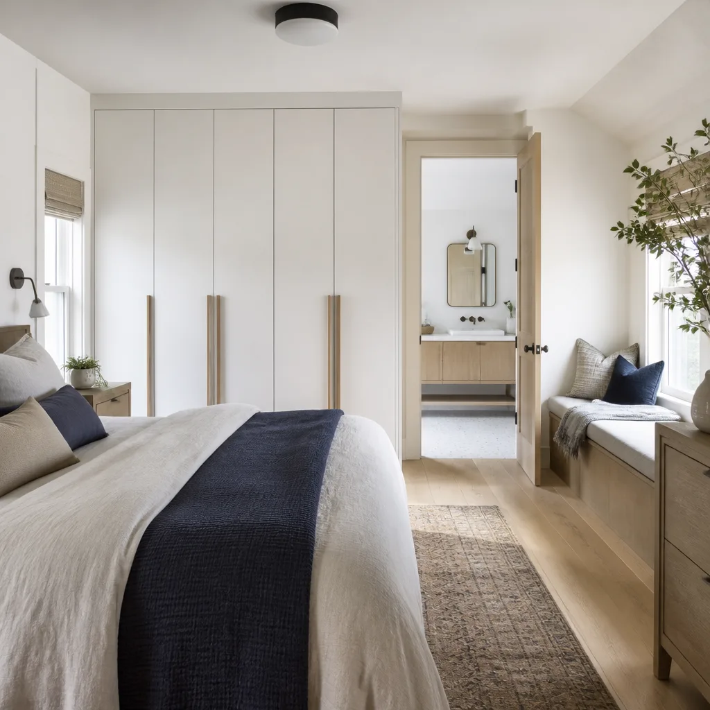 A remodeled primary suite with built-in wardrobes and a window seat
